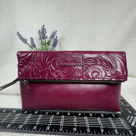 Patricia Nash "Valerie" Burgundy Floral-Embossed TooledLeather Fold-OverWristlet - Picture 11 of 14